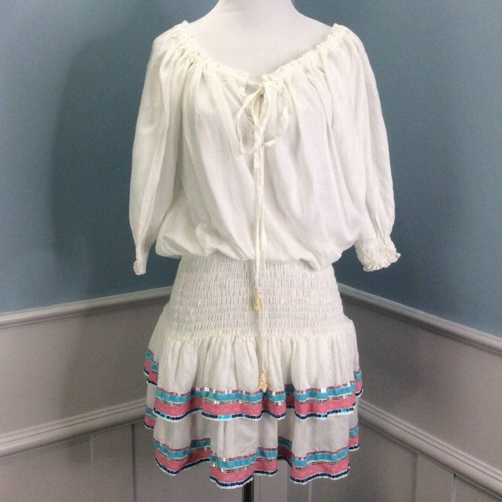 Love Forever Dress White Sequin Trim Tie Neck New